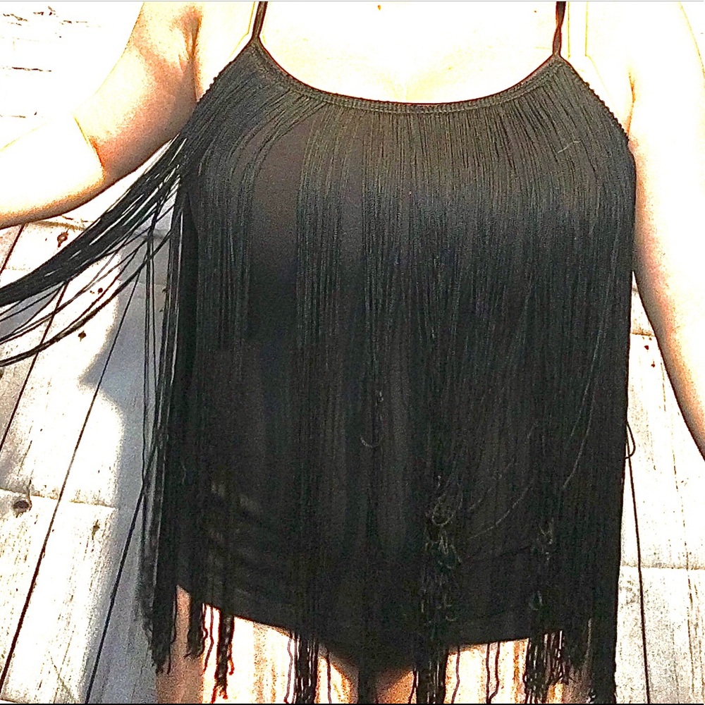 Black fringe spaghetti strap